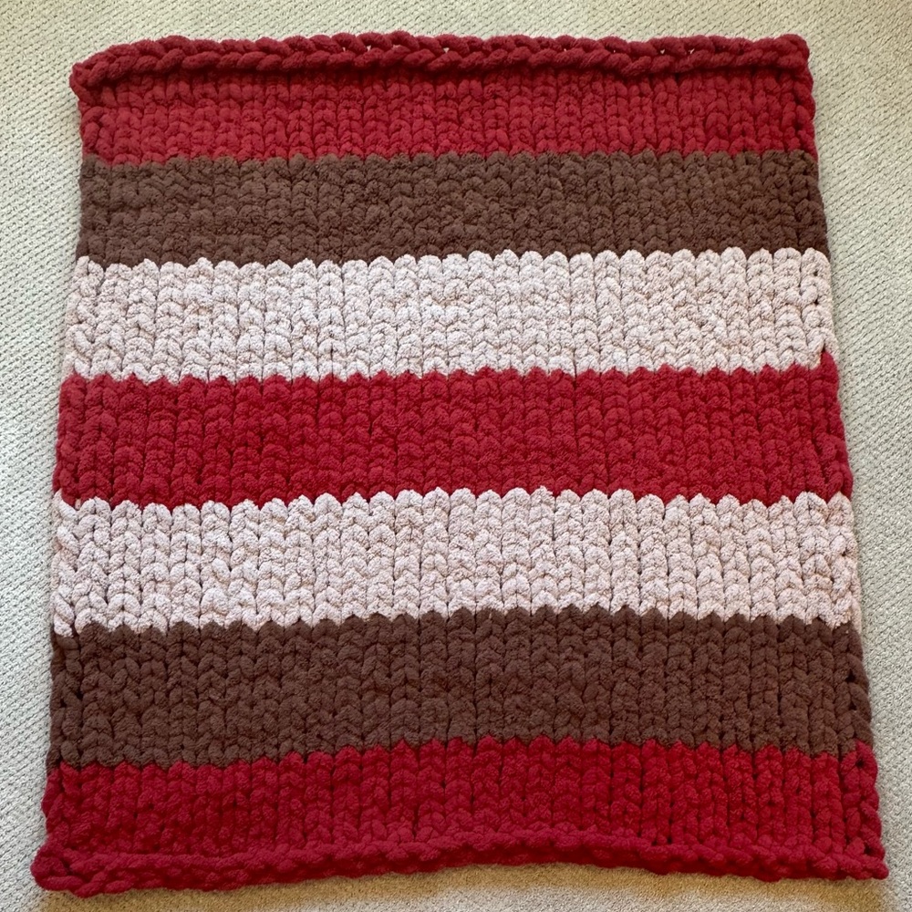Handmade Striped Knit Blanket - Red, Brown, Cream 44x47 (throw)
